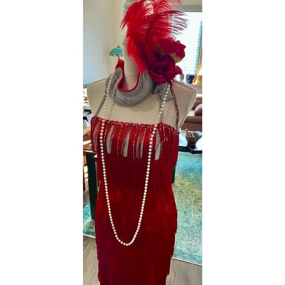 Red 1920s Flapper Dress Costume Set Headpiece Gloves Boa Wig Necklace Sz 4 Small - Picture 14 of 16